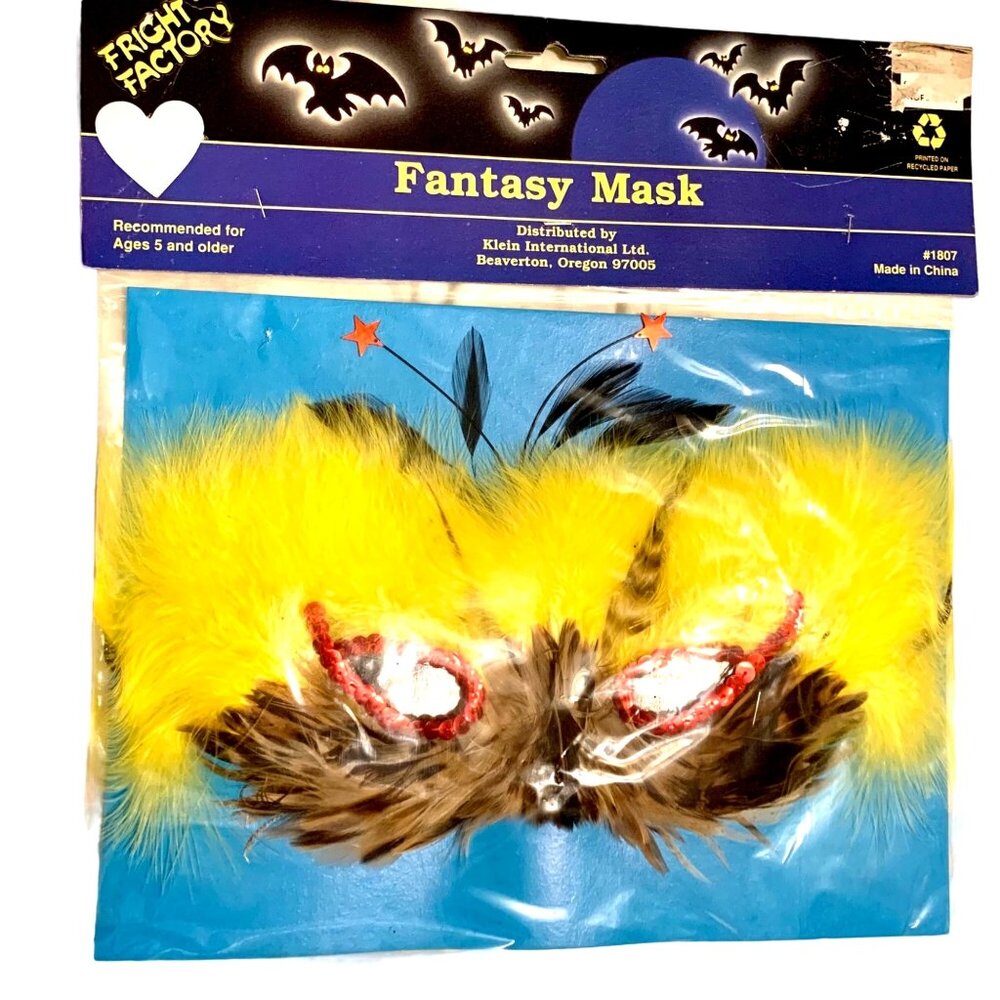 Fright Factory Feather Fantasy Mask Cosplay HalloweeRed Sequin Eyes Yellow Brown